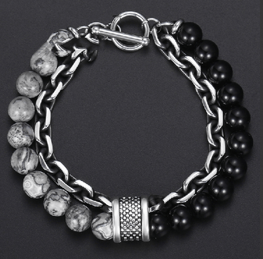 REDUCE STRESS~Map Jasper Stone & Stainless Steel '2 in 1' Layered Men's Bracelet